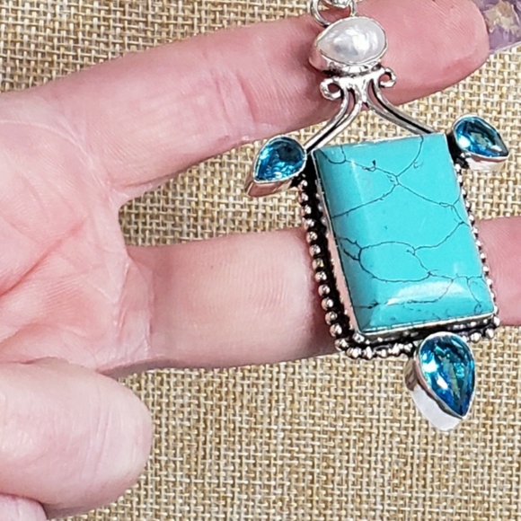Turquoise necklace, 925 silver turquoise blue topaz pendant necklace - Picture 12 of 14